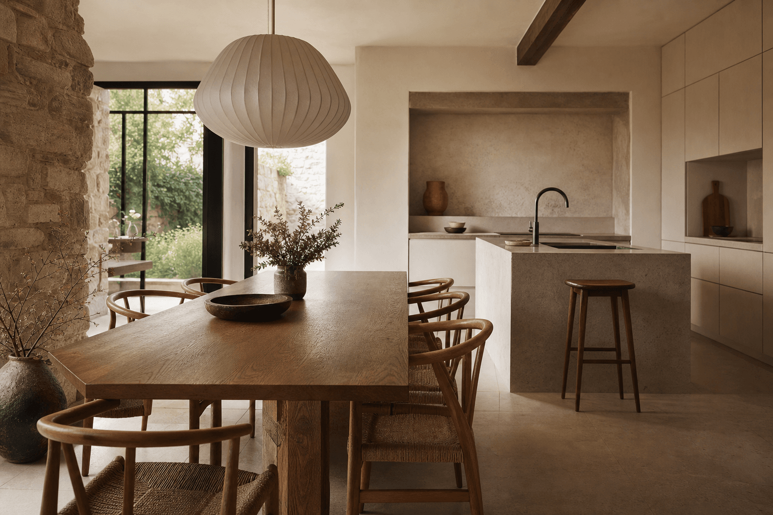 Cuisine et salle à manger minérales dans une maison en pierre